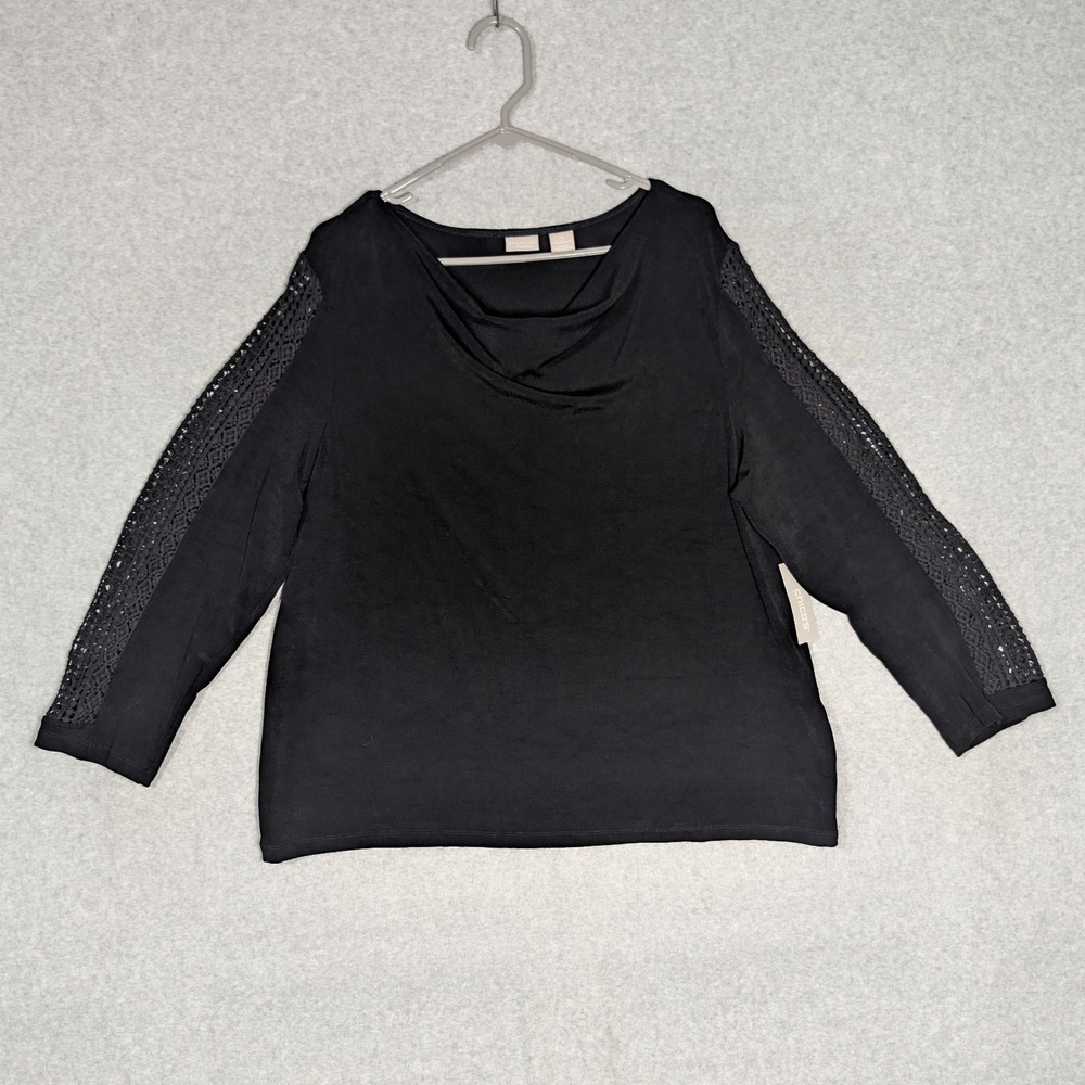 Chicos Travelers Lace Inset Top Size 3 Black 3/4 Sleeve Classic Cowl Neck 16/18